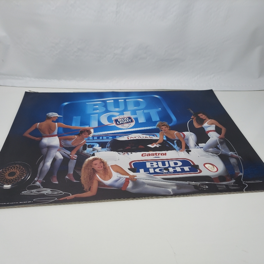 Vintage Bud Light Beer Girls Racing Poster 1991 Castrol Jaguar NASCAR 14"×20"